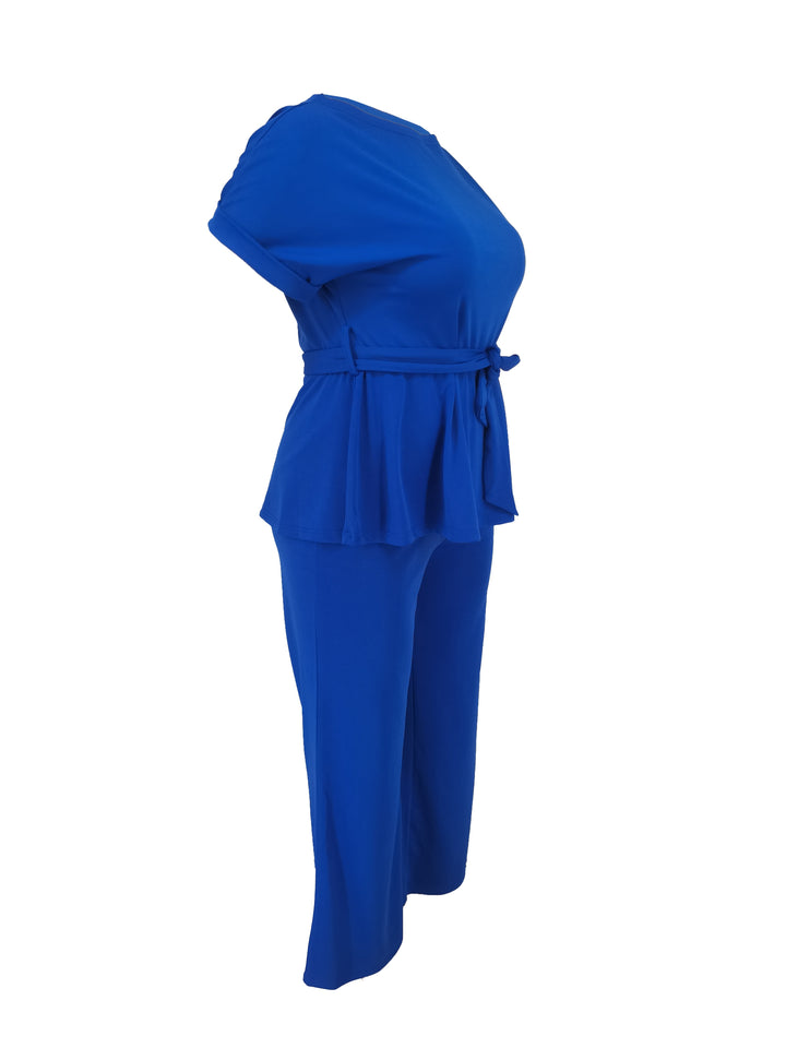 Plus Size Elegant Outfits Set, Women's Plus Solid Short Sleeve Round Neck Belted Top & Pants Outfits 2 Piece Set