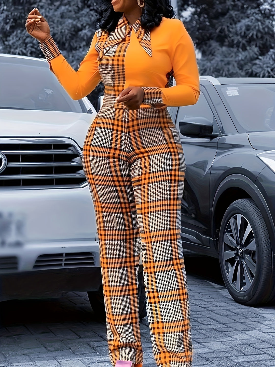 Plus Size Casual Jumpsuit, Women's Plus Colorblock Geometric Print Long Sleeve Turn Down Collar Jumpsuit