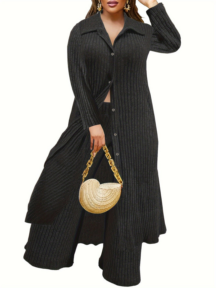 Plus Size Casual Outfits Two Piece Set, Women's Plus Solid Ribbed Button Up Long Sleeve Polo Neck Long Blouse & Wide Leg Pants Outfits 2 Piece Set
