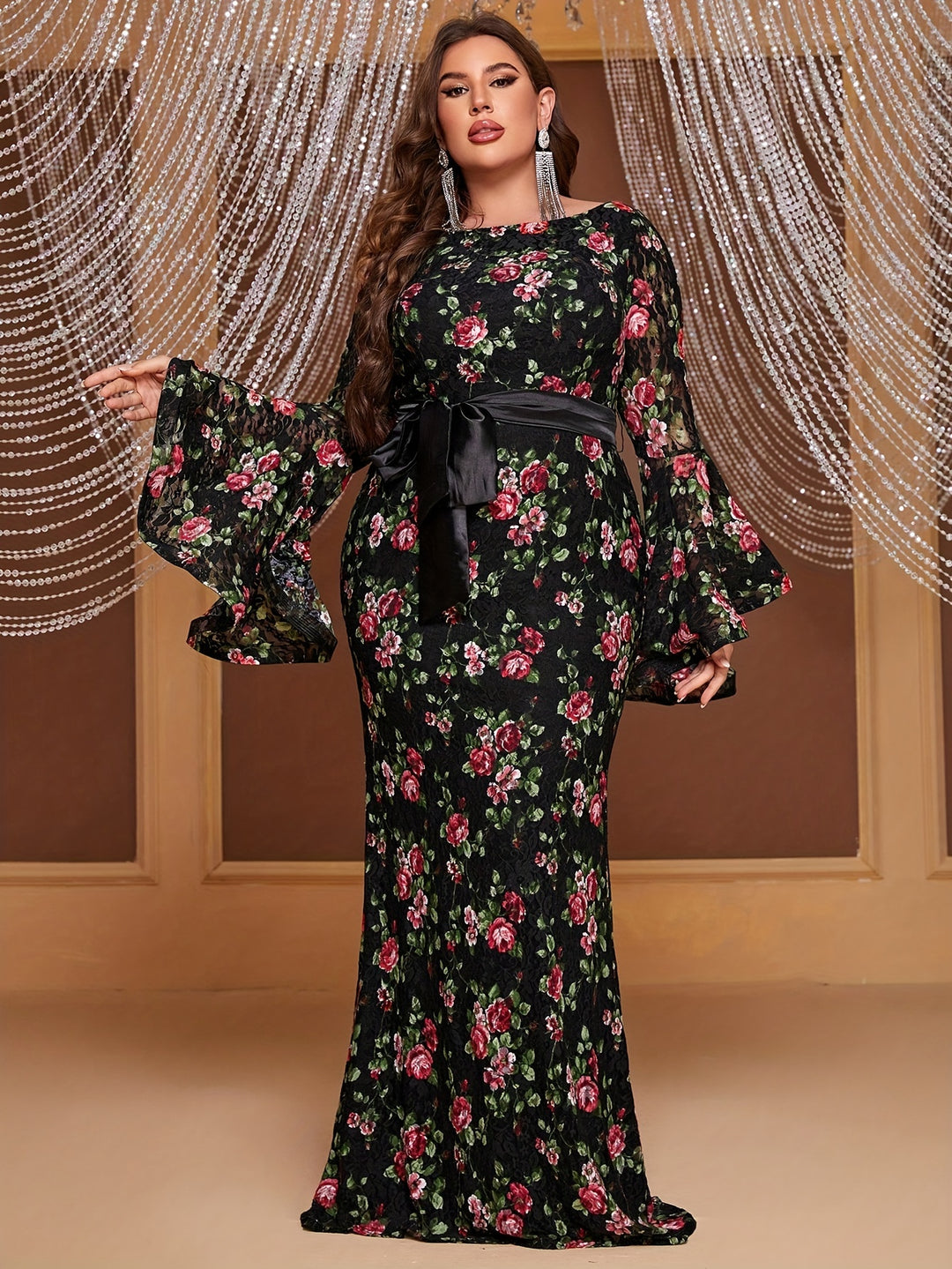 Elegant Plus Size Floral Dress for Parties and Banquets, with Flare Sleeves and Belted Waist