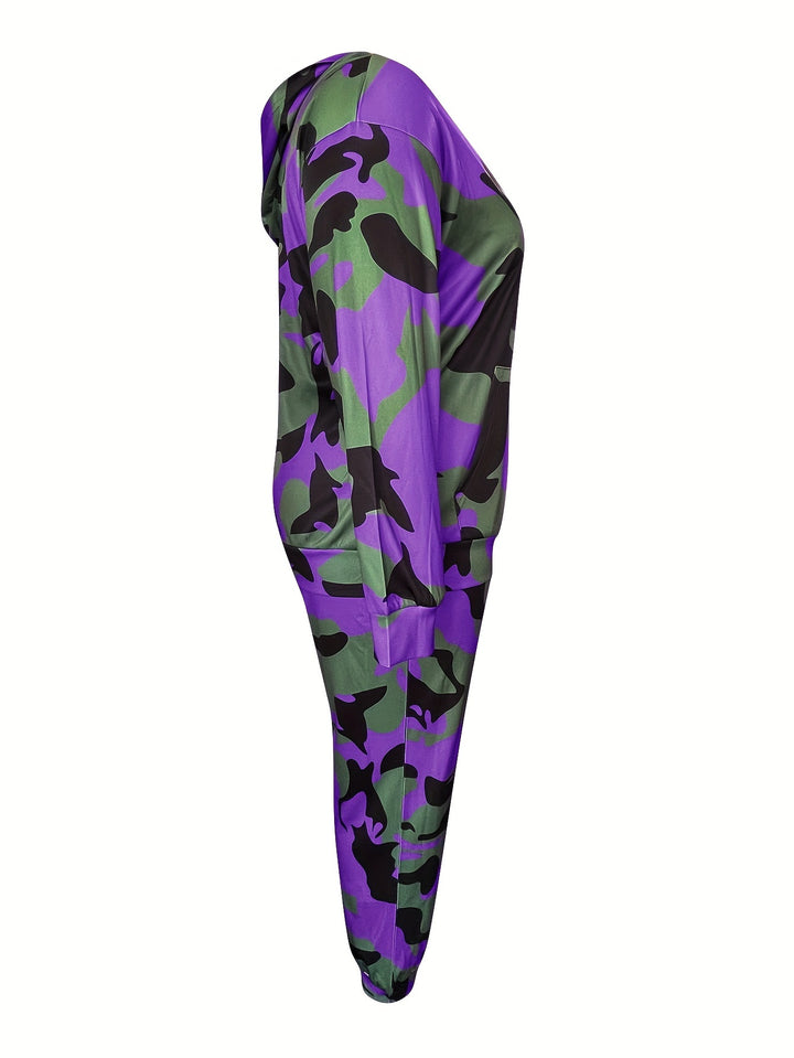 Plus Size Casual Outfits Set, Women's Plus Camo Print Long Sleeve Slight Stretch Hoodie & Joggers Outfits Two Piece Set