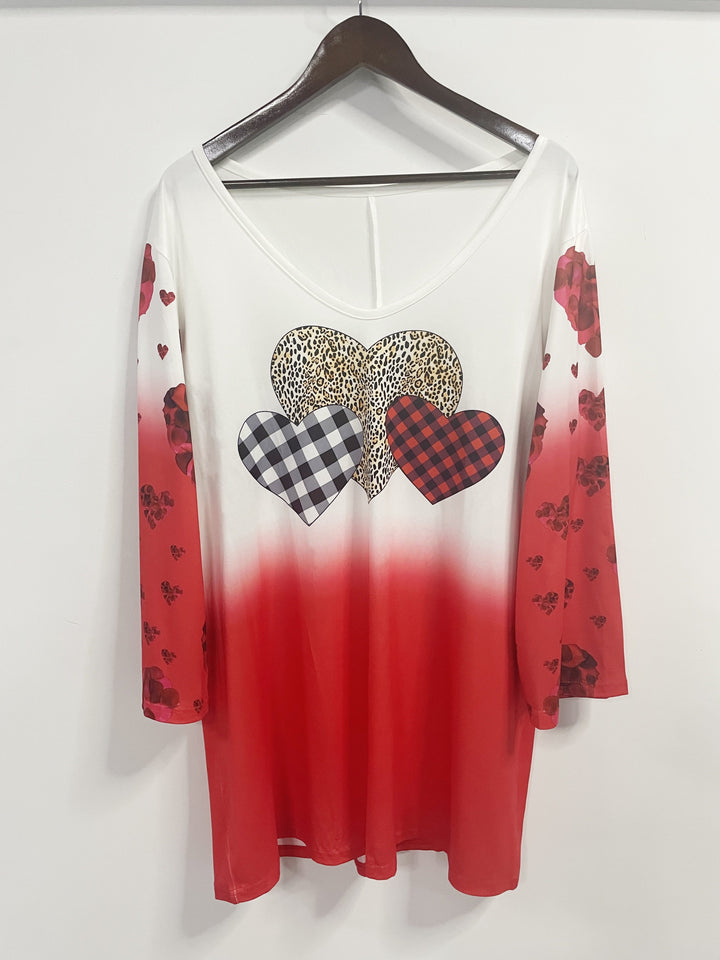 Plus Size Heart Print Top, Valentine's Day V Neck 3/4 Sleeve Top, Women's Plus Size Clothing