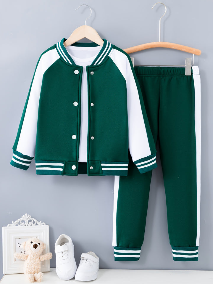 2pcs Boy's Varsity Jacket Outfit, Button Front Coat & Sweatpants Set, Color Clash Bomber Jacket, Kid's Clothes For Spring Fall Winter