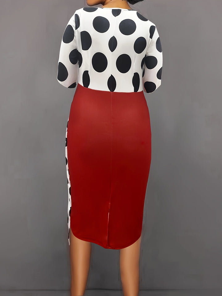 Plus Size elegant Dress, Women's Plus Colorblock Dot Print Stitching Long Sleeve Round Neck Bodycon Midi Dress
