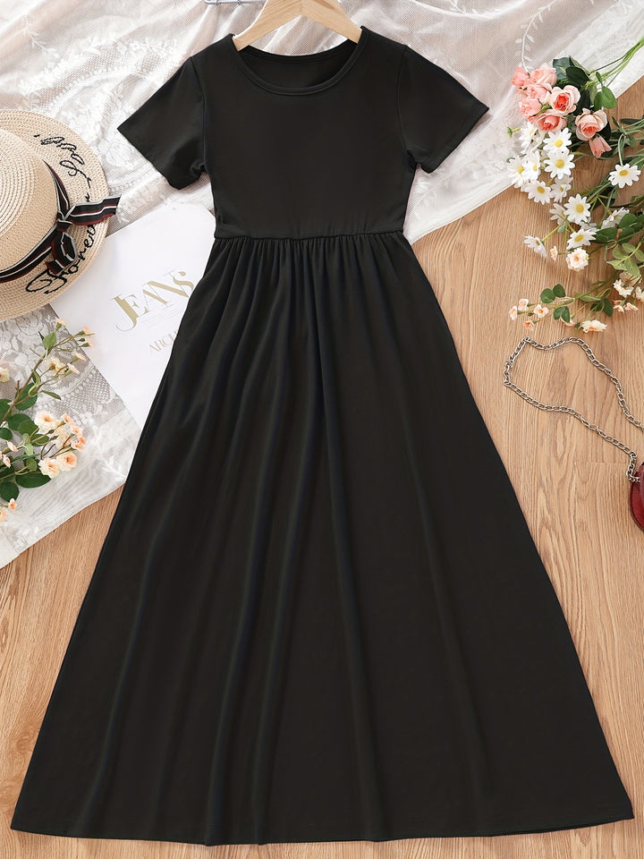 Girls Elastic Waist Short Sleeve Casual Maxi Dress With Side Pockets