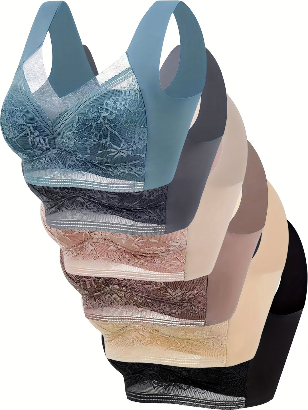 6pcs Floral Lace Decor Sports Bra For Women,Comfy Breathable Full Coverage Wirefree Yoga Bra, Women's Activewear