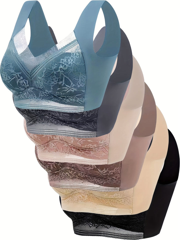 6pcs Floral Lace Decor Sports Bra For Women,Comfy Breathable Full Coverage Wirefree Yoga Bra, Women's Activewear