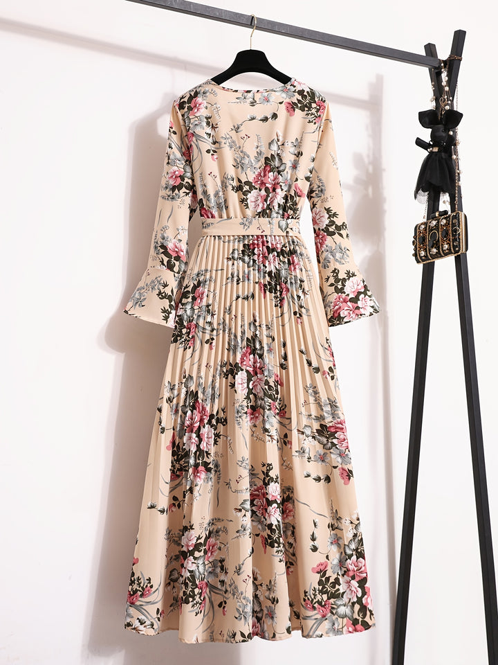 Floral Print Maxi Dress - Elegant Pleated Design for Women