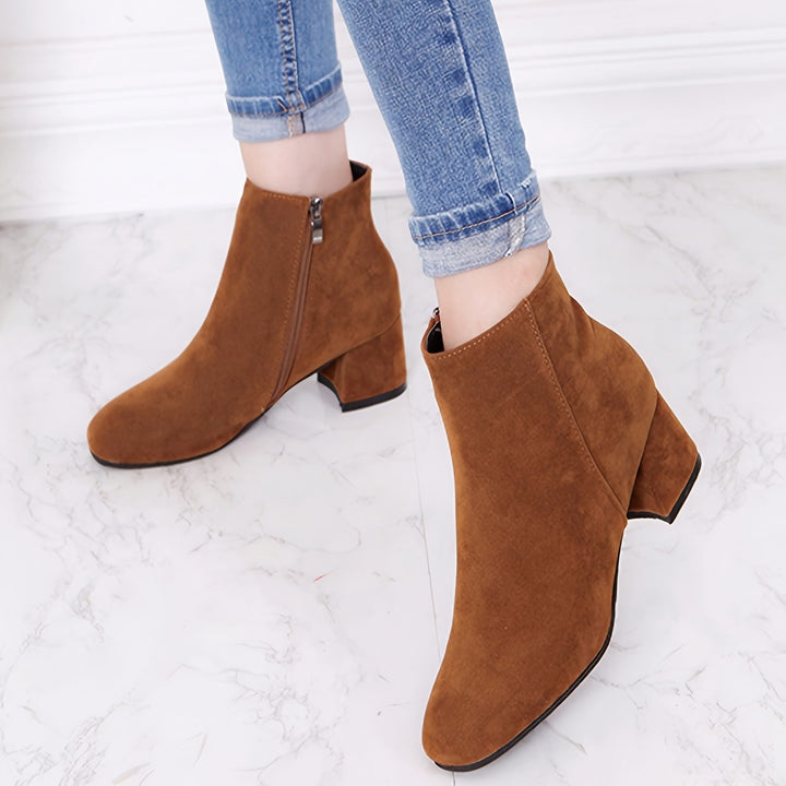 Women's Solid Color Block Heeled Ankle Boots, Side Zipper Short Boots, Women's Footwear