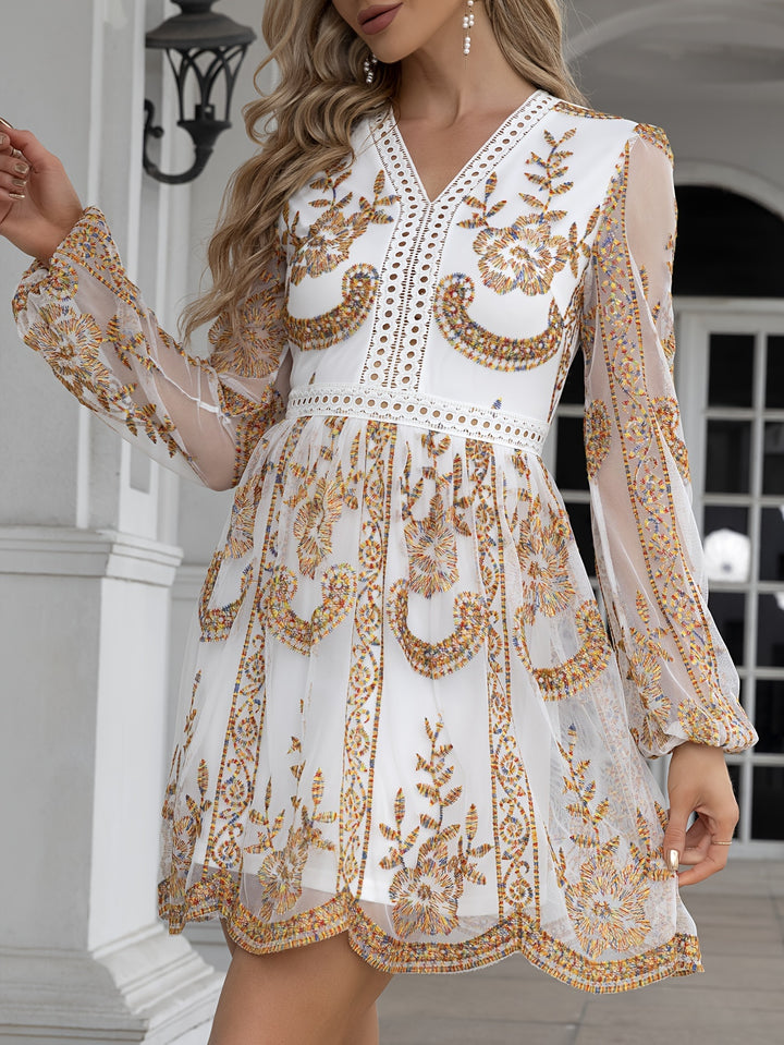 Plus Size Elegant Dress, Women's Plus Floral Print Contrast Lace Trim Mesh Lantern Sleeve V Neck Nipped Waist Dress