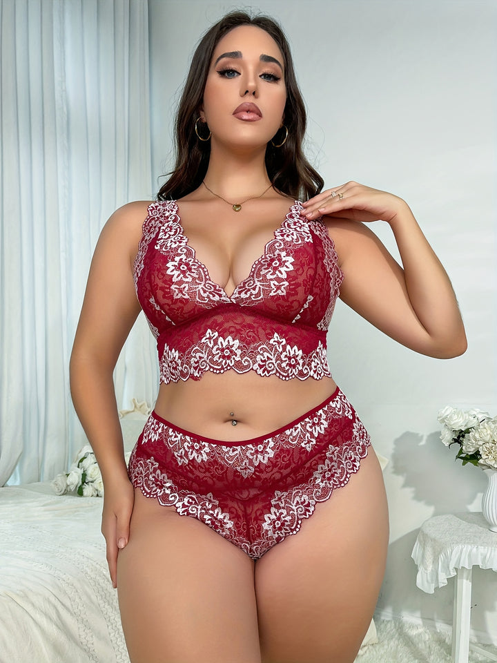 Sexy Lingerie Set, Women's Plus Floral Embroidery Semi Sheer Bra & Underwear Lingerie Two Piece Set Plus Size