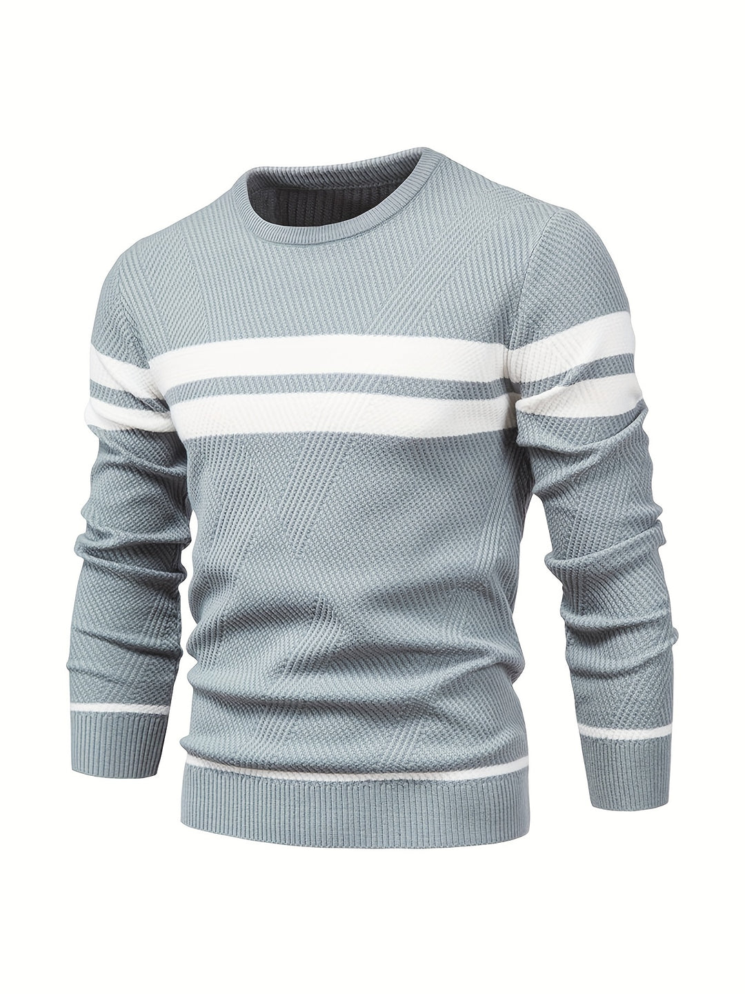 All-Match Striped Knitted Sweater, Men's Casual Warm High Stretch Crew Neck Pullover Sweater For Fall Winter