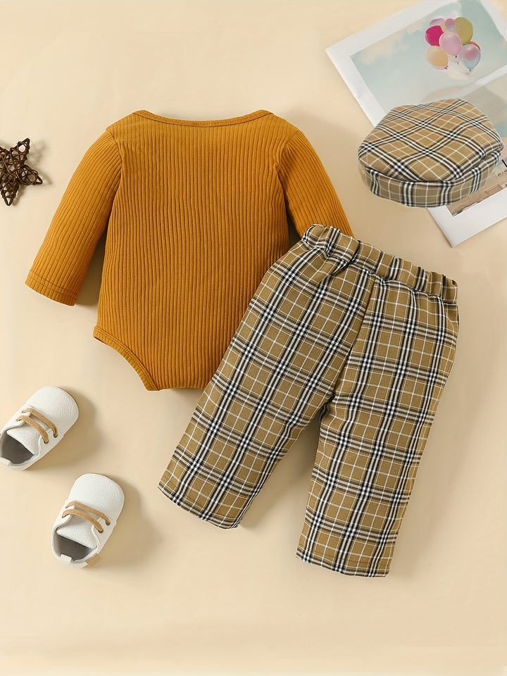Popular Gentleman Style Striped Fake Strap Long Sleeve Romper + Plaid Trousers + Small Top Hat Baby Boys 3pcs Set