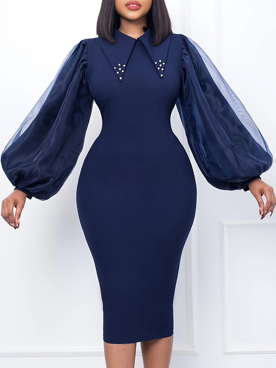 Elegant Plus Size Bodycon Dress with Mesh Stitching and Lantern Sleeves for Parties and Banquets, Women's Plus Size Clothing