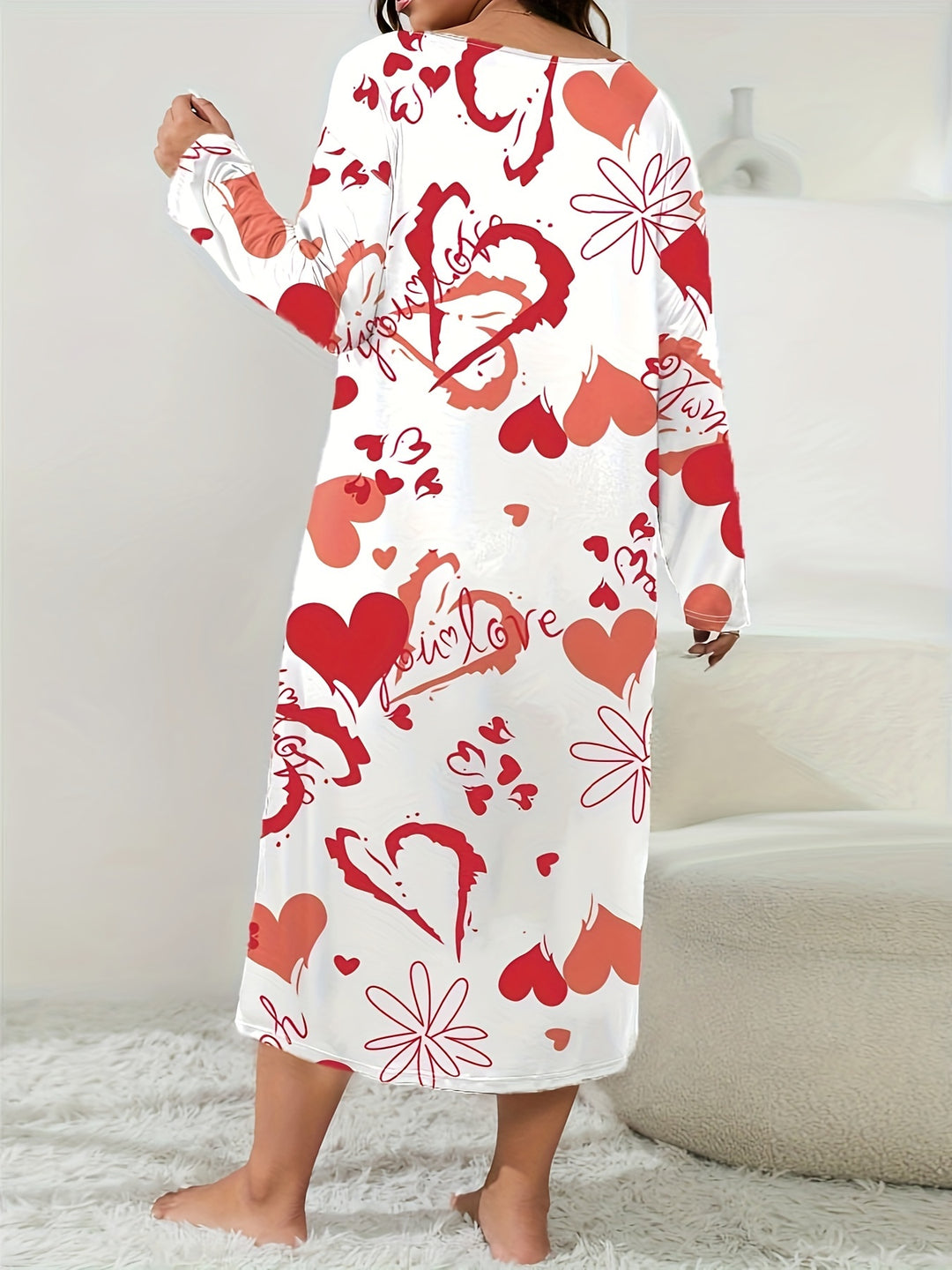 Plus Size Valentine's Day Elegant Loungewear Dress, Women's Plus Floral & Heart Print Long Sleeve Round Neck Sleep Dress