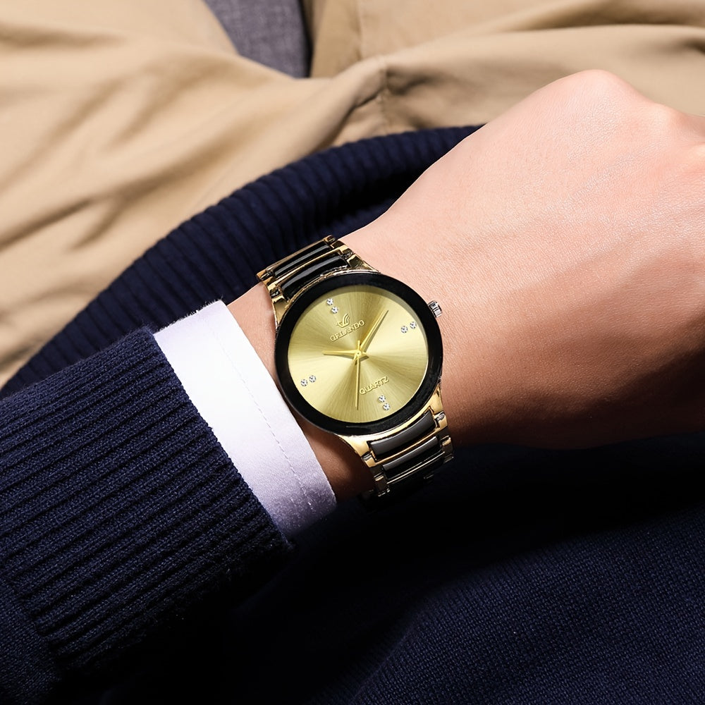 Men's British Style Golden Steel Strap Pointer Plated Diamond Quartz Watch