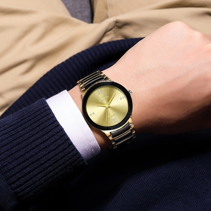 Men's British Style Golden Steel Strap Pointer Plated Diamond Quartz Watch