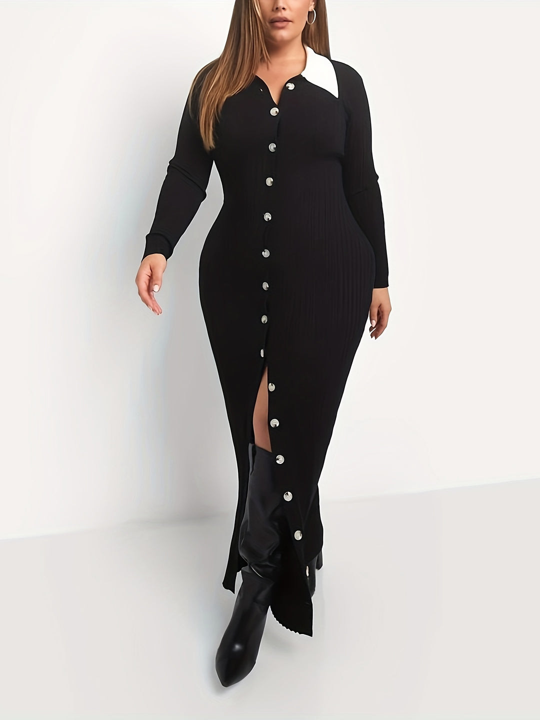 Plus Size Colorblock Button Front Dress, Casual Collared Long Sleeve Midi Dress, Women's Plus Size Clothing
