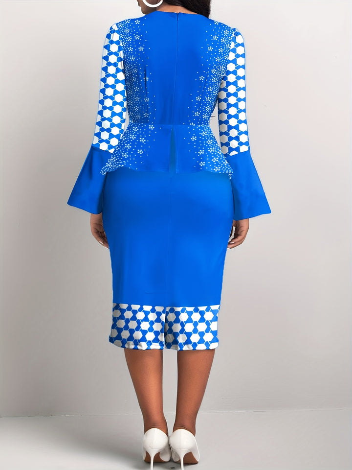 Plus Size Elegant Dress, Women's Plus Colorblock Geometric Print Round Neck Split Bell Sleeve Layered Midi Slim Fit Dress
