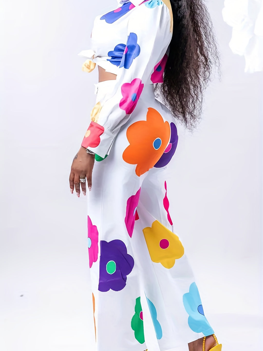 Plus Size Cute Outfits Set, Women's Plus Colorful Floral Print Long Sleeve Button Up Shirt & Pants Vacay Outfits 2 Piece Set