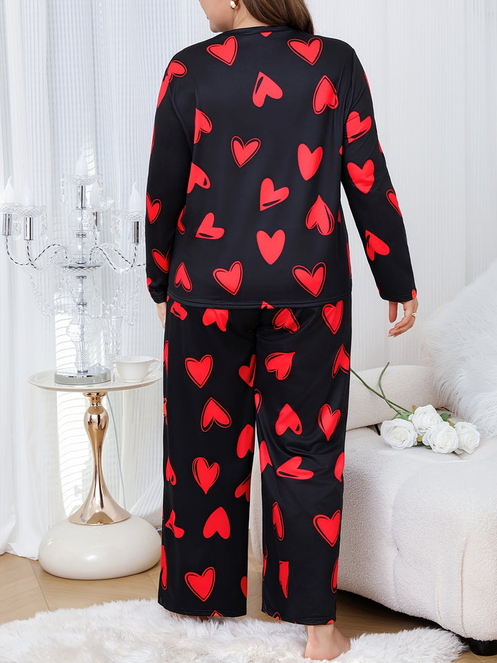 Women's Valentine's Day Casual Pajamas Set, Plus Size Heart Print Long Sleeve Medium Stretch Top & Pants Loungewear 2 Piece Set