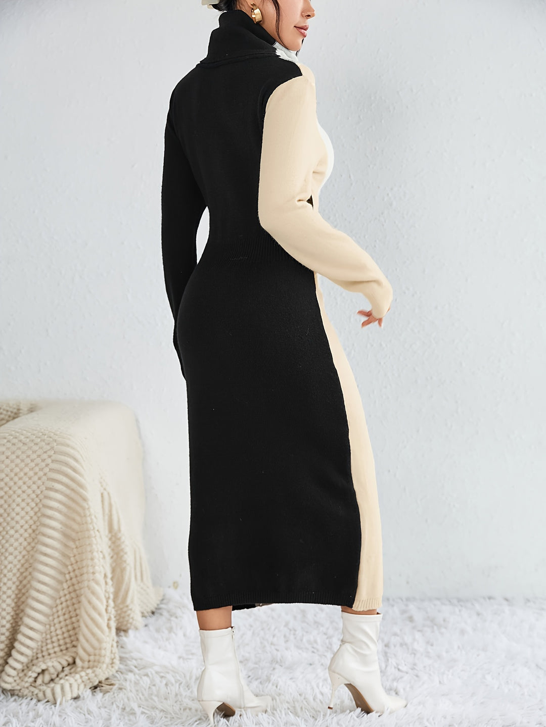 Color Block Rib Knit Dress, Casual High Neck Long Sleeve Midi Dress, Women's Clothing