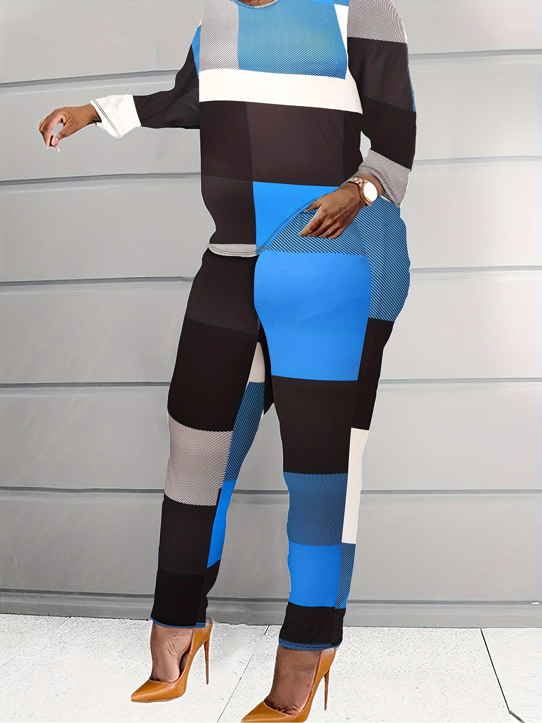 Plus Size Casual Outfits Set, Women's Plus Graphic Print Long Sleeve Round Neck Tee & Leggings Outfits 2 Piece Set