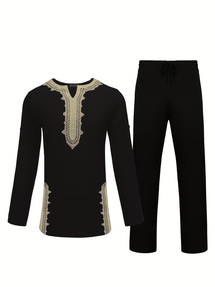 Men’s Two-piece Suits, Long Sleeve Tops & Pants Set, Formal Party African Men Dashiki Suit Shirt Pants Set Traditional Clothes Formal Dress