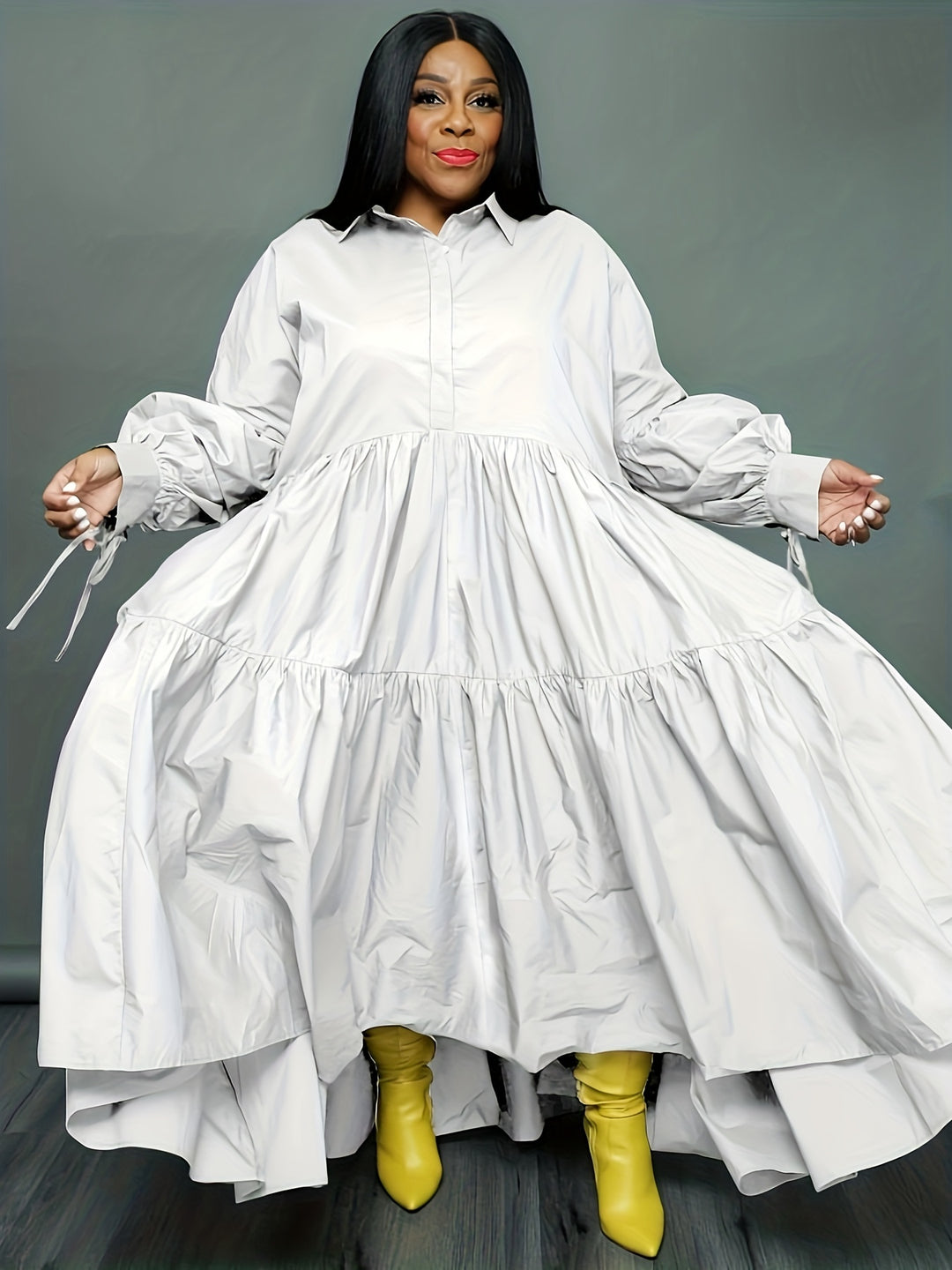 Plus Size Elegant Dress, Women's Plus Solid Tie Lantern Sleeve Ruffle Trim Polo Neck Loose Smock Dress