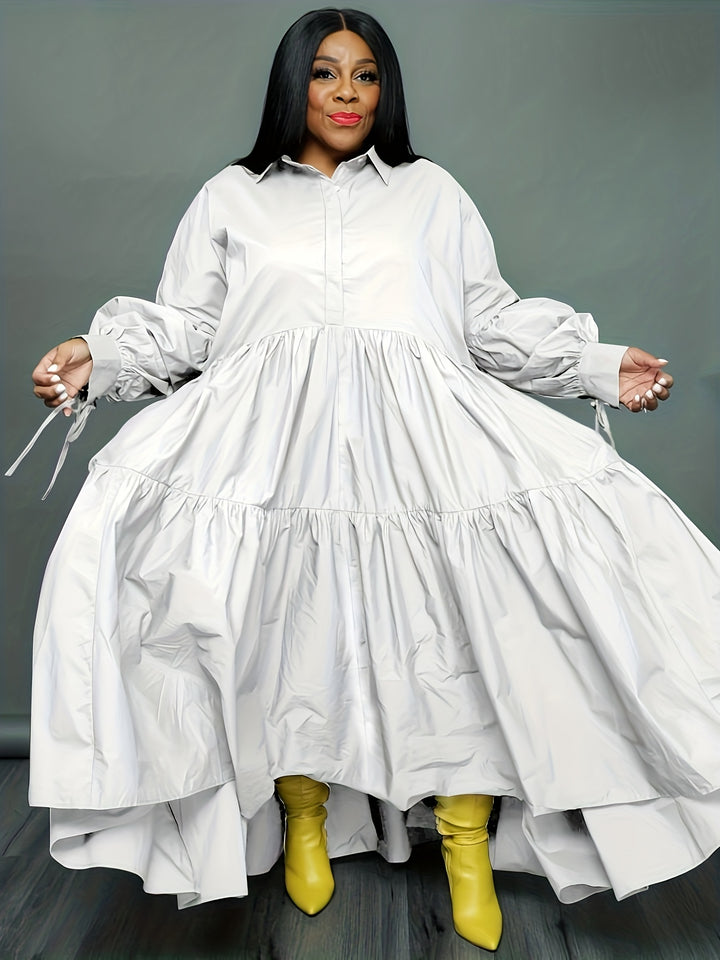 Plus Size Elegant Dress, Women's Plus Solid Tie Lantern Sleeve Ruffle Trim Polo Neck Loose Smock Dress
