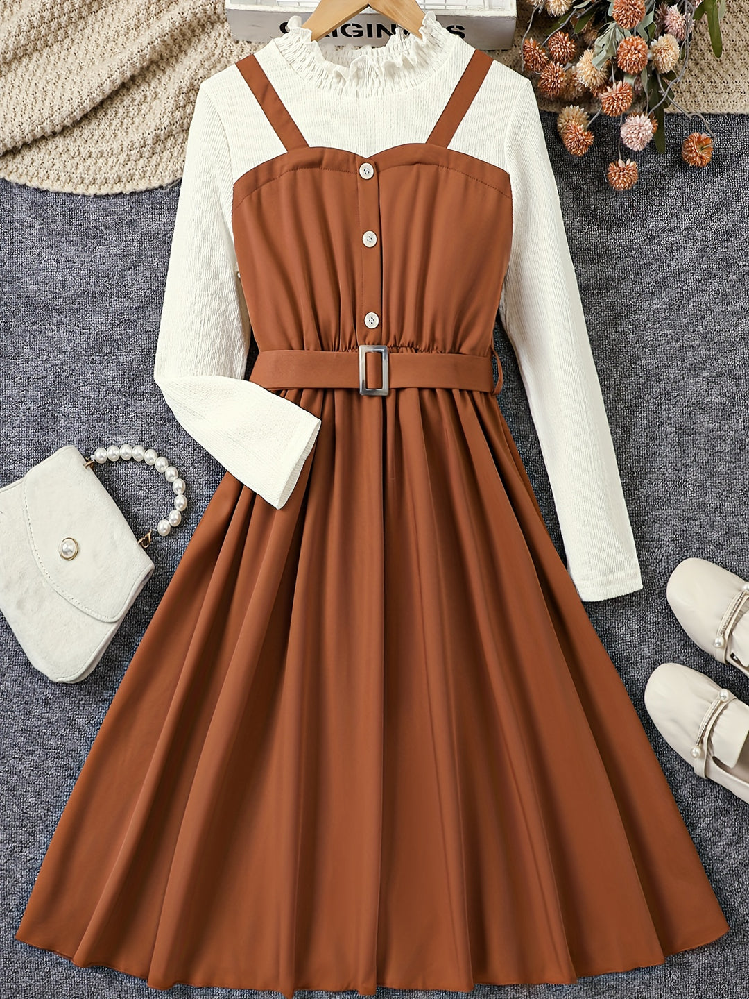 Elegant Girls Splicing Frill Trim Long Sleeve Dress With Belt Spring Fall Christmas Gift Party