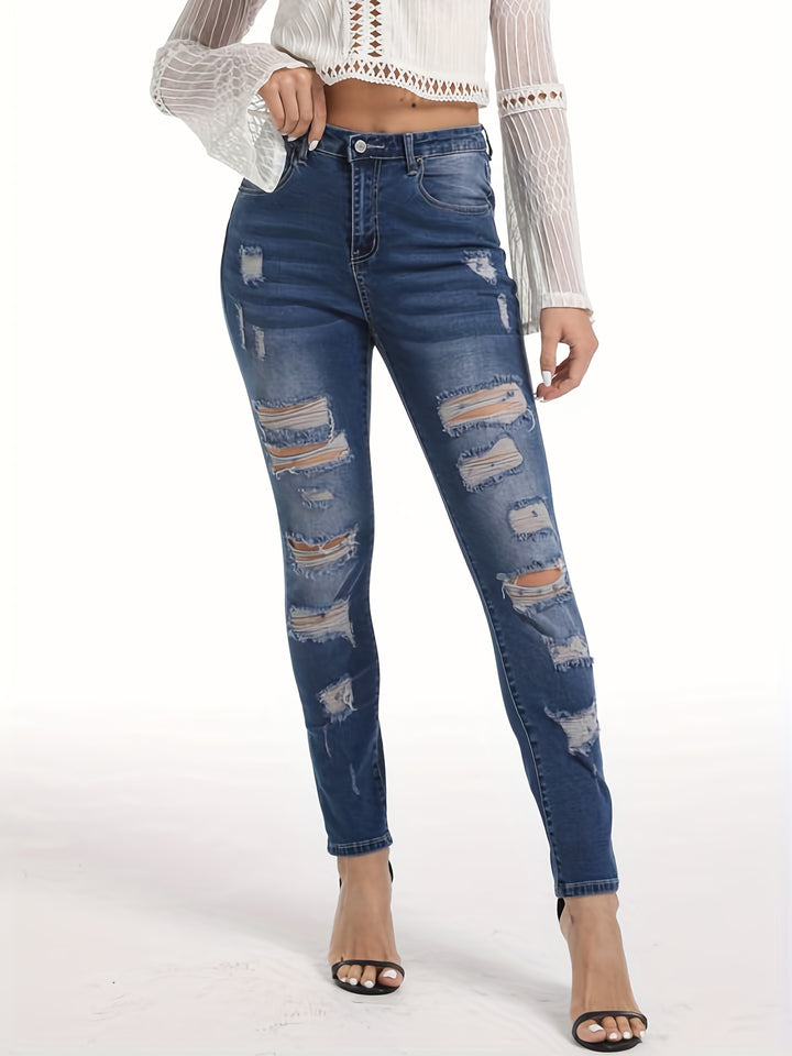 High Stretch Ripped Legs Skinny Jeans, Frayed Distressed Light Blue Denim Pants, Women's Denim & Clothing