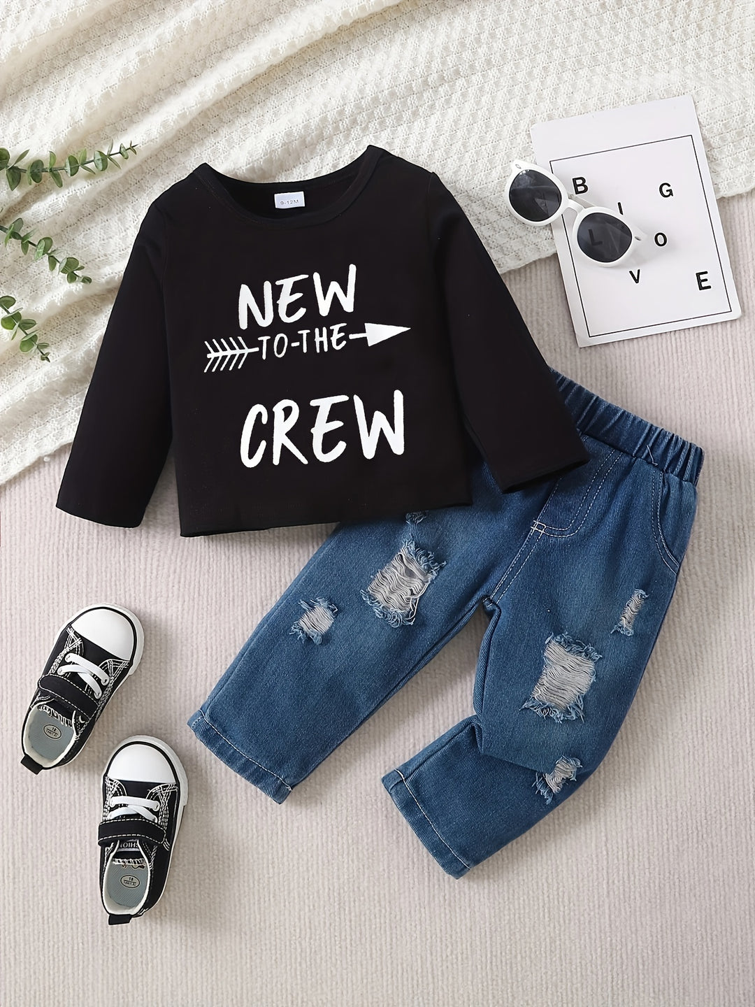 Toddler Baby Boys Trendy Casual Outfit, COOLER VERSION OF DAD Letter Print Long Sleeve Top & Ripped Jeans Set