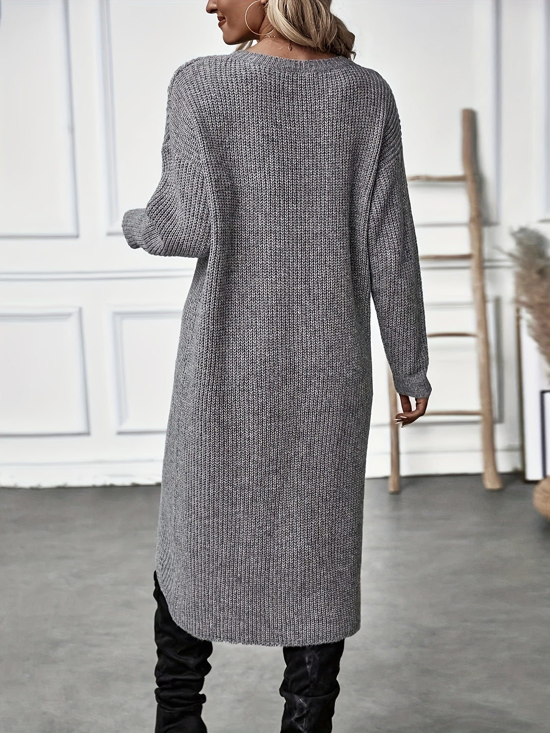 Solid Knitted Crew Neck Dress, Casual Asymmetrical Hem Long Sleeve Dress, Women's Clothing