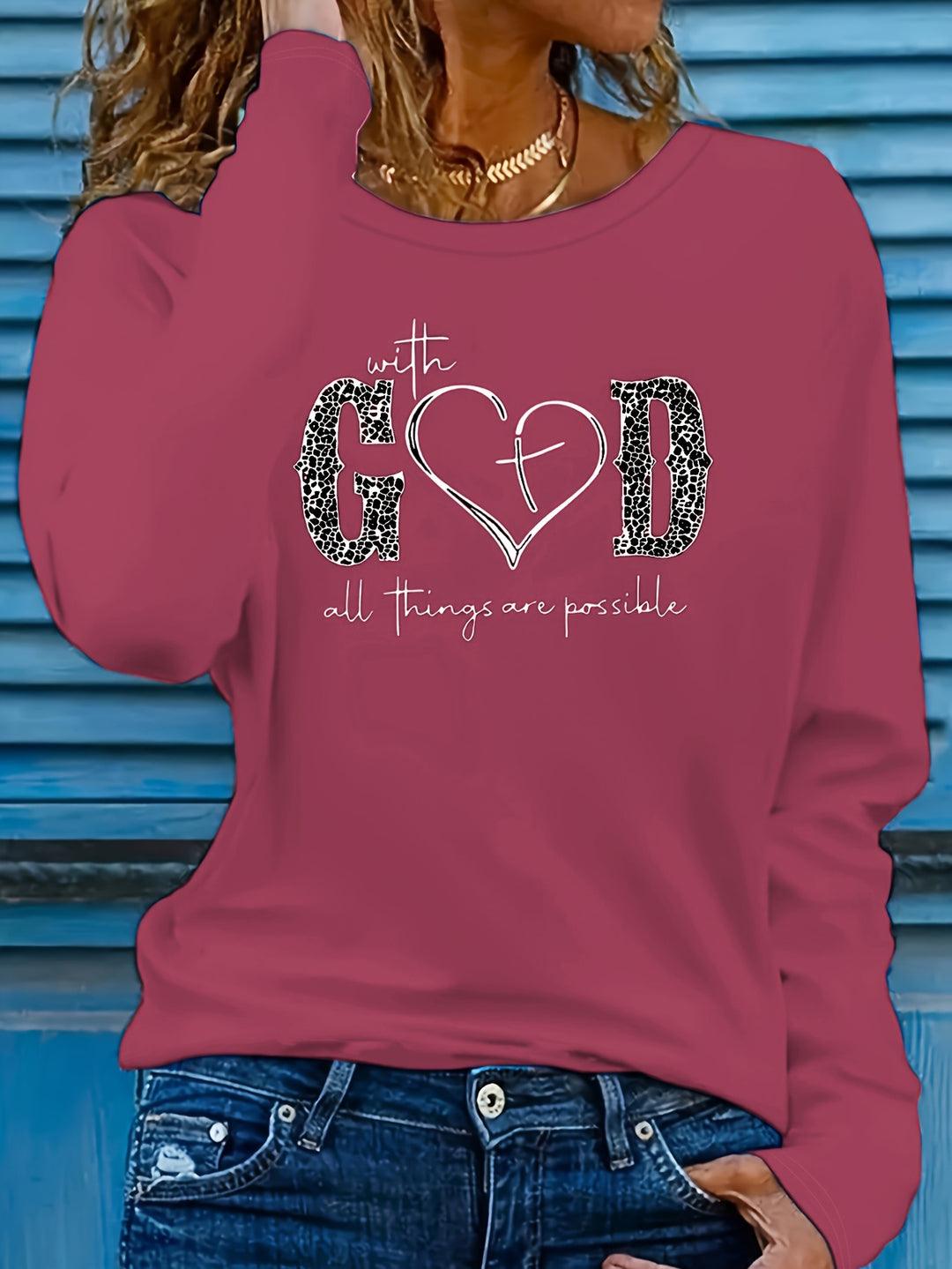 Plus Size Casual Sweatshirt, Women's Plus Cross Heart & Leopard Letter Print Long Sleeve Round Neck Slight Stretch Pullover Top