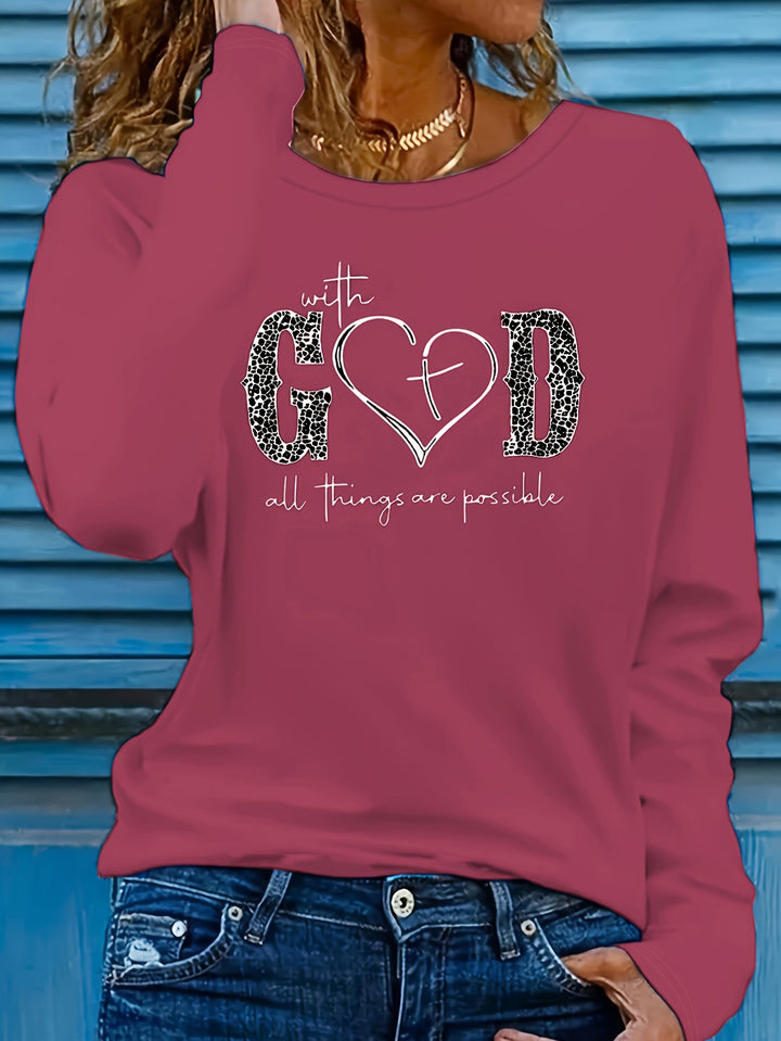 Plus Size Casual Sweatshirt, Women's Plus Cross Heart & Leopard Letter Print Long Sleeve Round Neck Slight Stretch Pullover Top