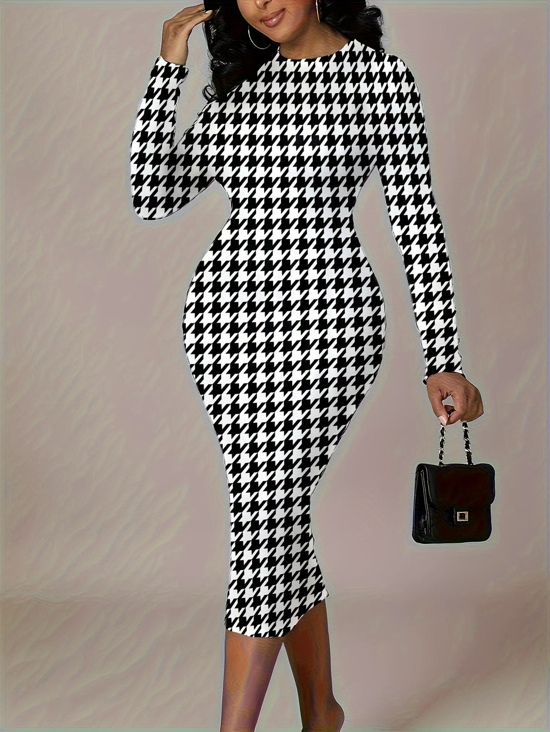 Elegant Plus Size Houndstooth Print Midi Dress for Women, Long Sleeve Bodycon Style