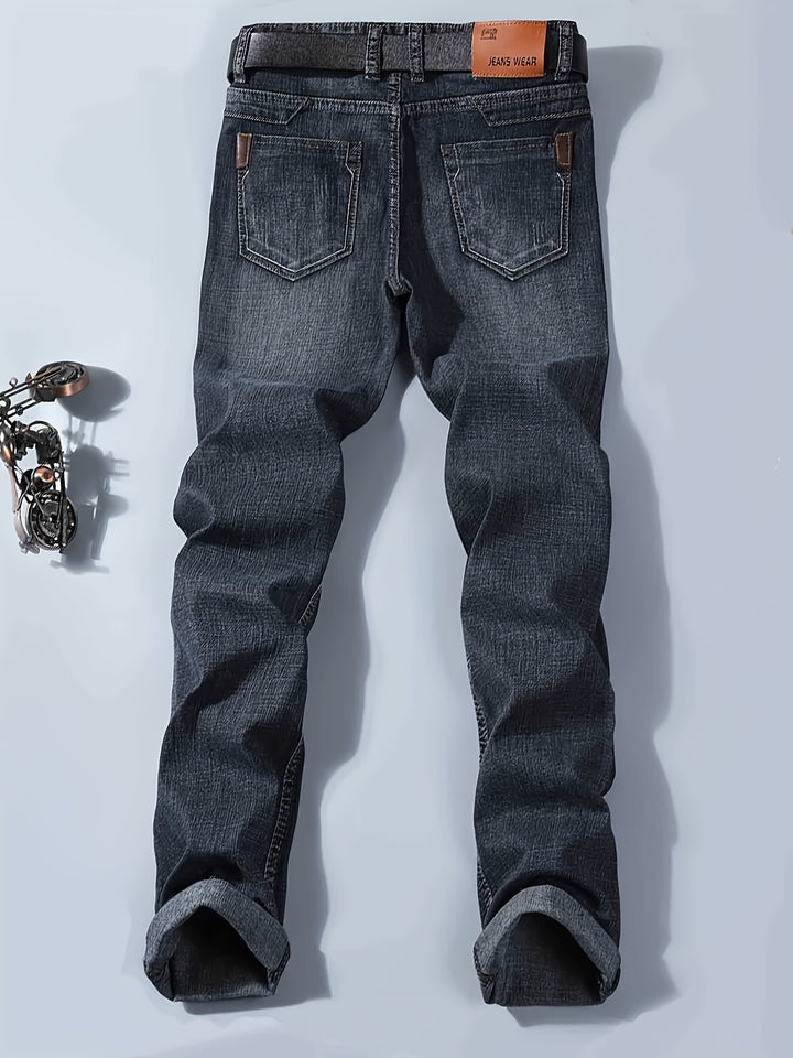 Regular Fit Jeans, Men's Casual Street Style Distressed Medium Stretch Denim Pants For All Seasons