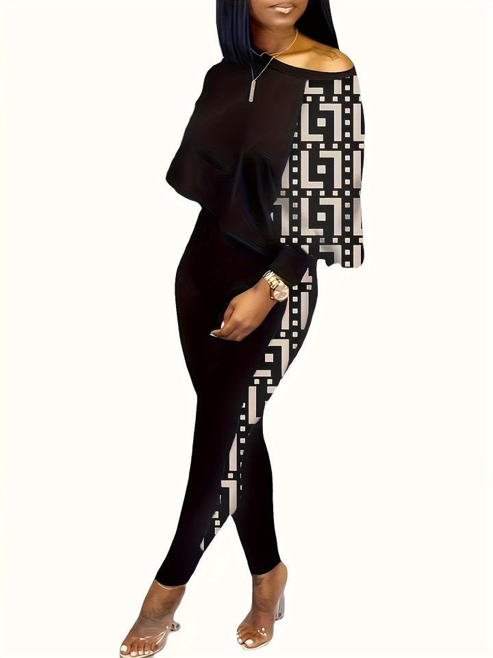 Graphic Print Splicing Two-piece Set, Crew Neck Long Sleeve Tops & Slim Long Length Leggings Outfits, Women's Clothing