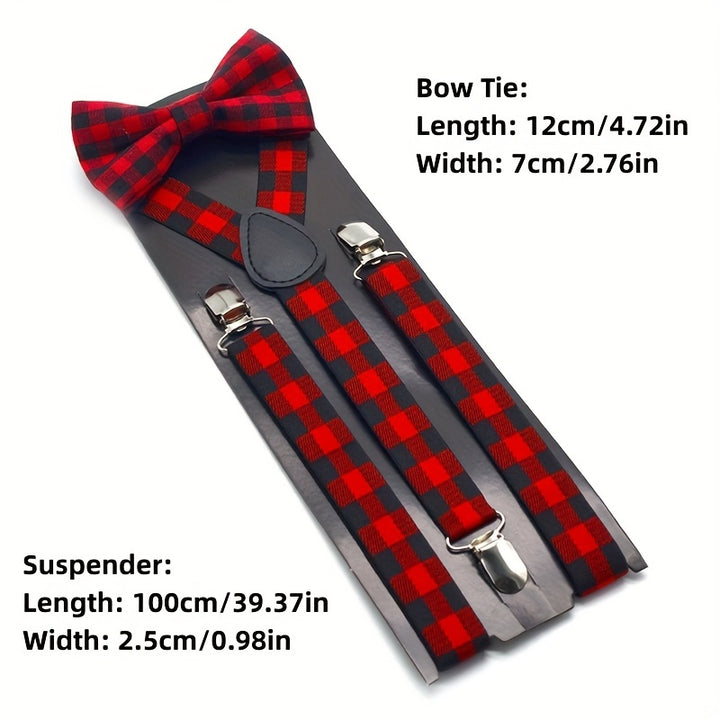 Men's Retro Plaid Suspenders And Bow Tie Set, Adjustable Plaid Suspender, Clothing Accessories, Christmas Party Gifts