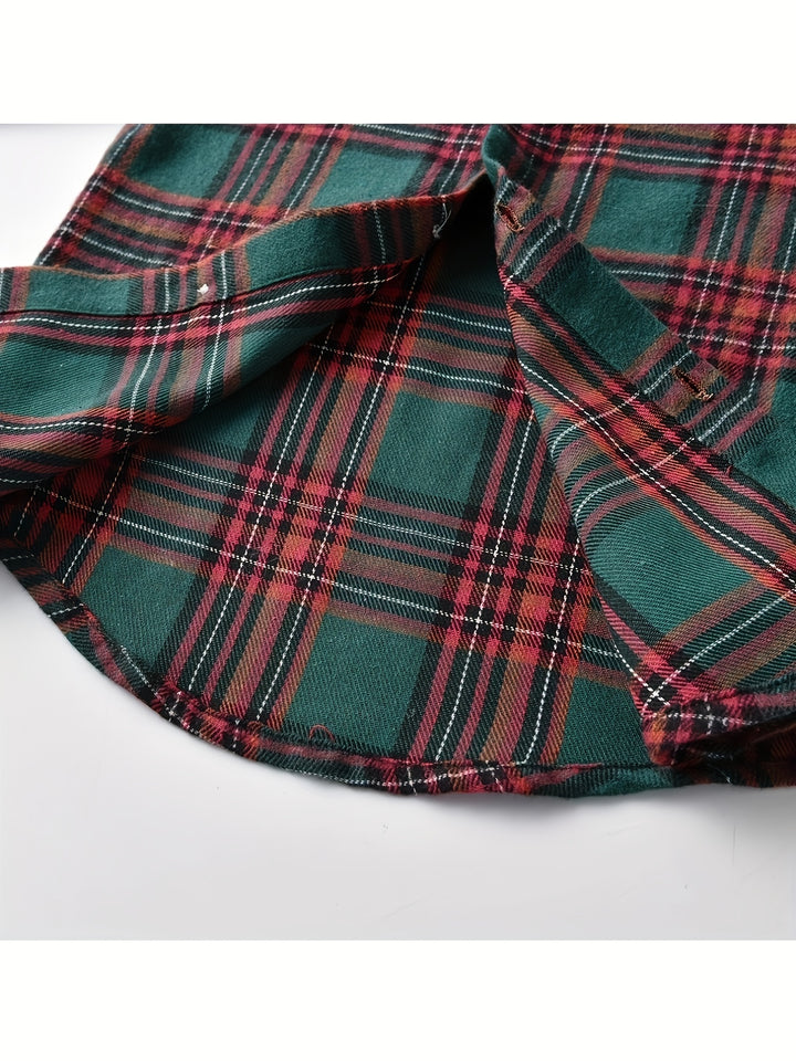 Boy's Christmas Style Gentleman Outfit, Plaid Pattern Bowtie Shirt & Vest & Overalls Set, Formal Wear For Speech Performance Birthday Party, Kid's Clothes For Spring Fall Winter