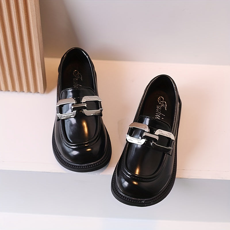 Girls Solid Color Slip On Loafer Shoes With Metallic Decor, Children's Anti-skid Soft Sole Flat Shoes