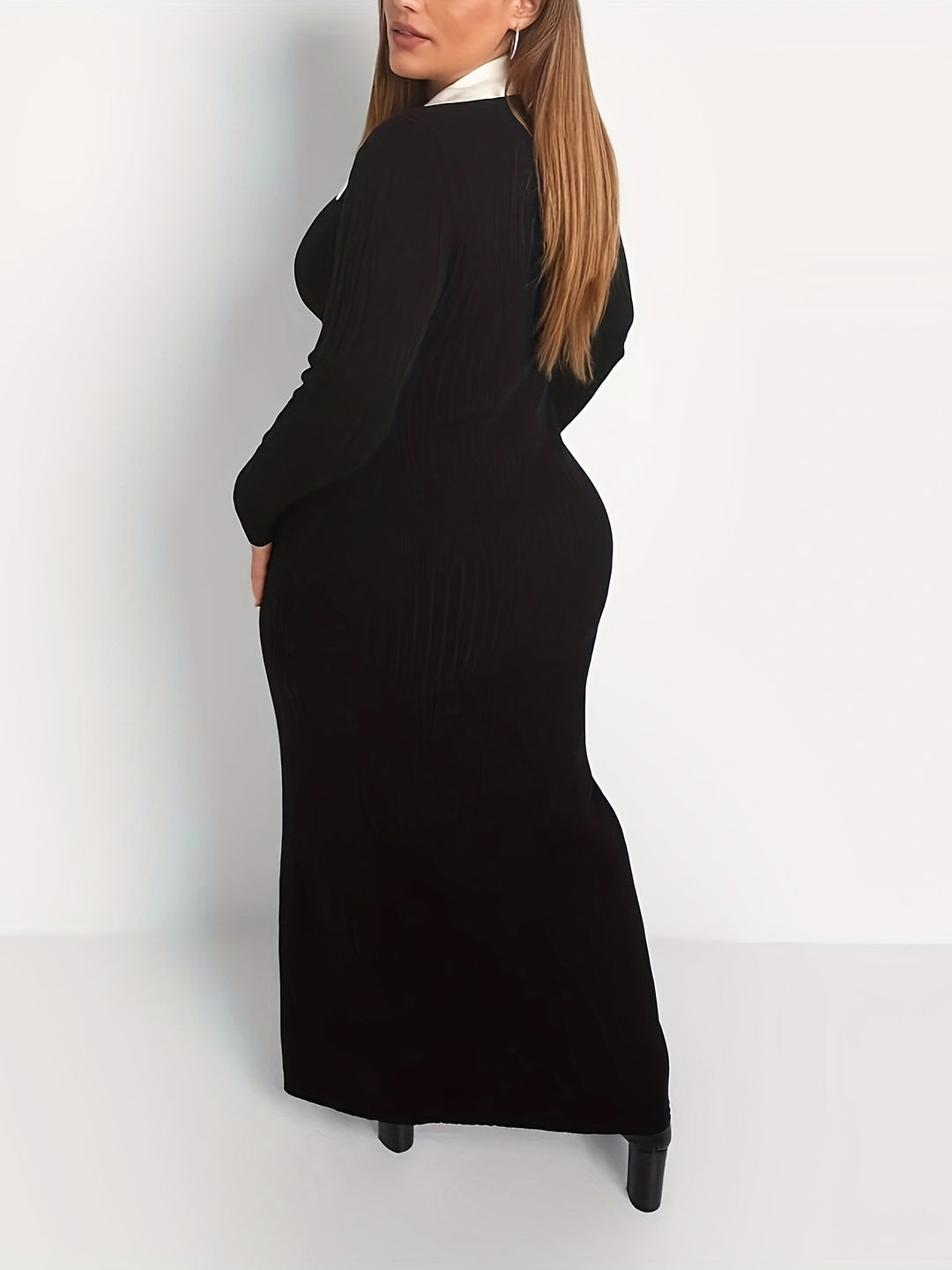 Plus Size Colorblock Button Front Dress, Casual Collared Long Sleeve Midi Dress, Women's Plus Size Clothing