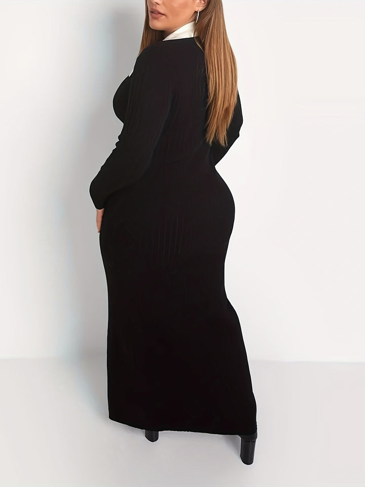 Plus Size Colorblock Button Front Dress, Casual Collared Long Sleeve Midi Dress, Women's Plus Size Clothing
