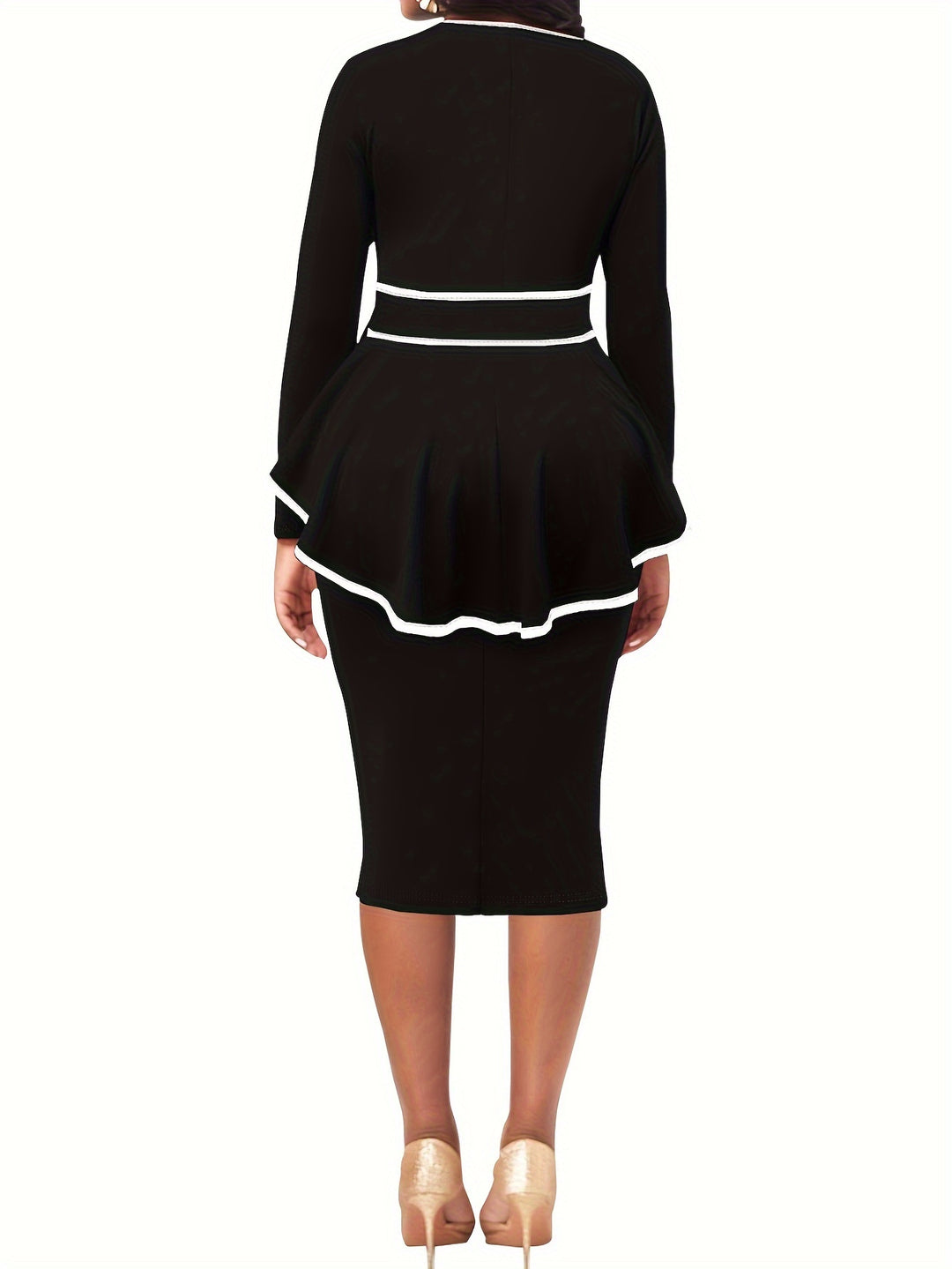 Plus Size Elegant Dress, Women's Plus Colorblock Contrast Trim Long Sleeve Round Neck Keyhole Slim Fit Layered Dress With Belt