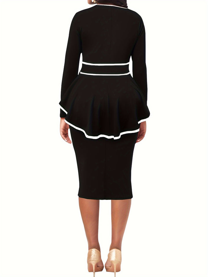 Plus Size Elegant Dress, Women's Plus Colorblock Contrast Trim Long Sleeve Round Neck Keyhole Slim Fit Layered Dress With Belt