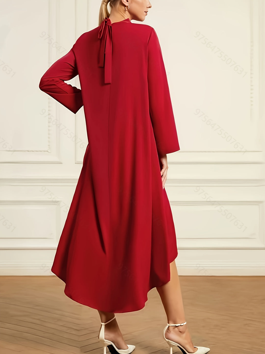 Solid Mock Neck Dress, Elegant Long Sleeve Irregular Hem Dress, Women's Clothing