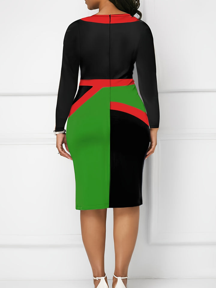 Plus Size Elegant Dress, Women's Plus Colorblock Long Sleeve Round Neck Medium Stretch Bodycon Midi Dress