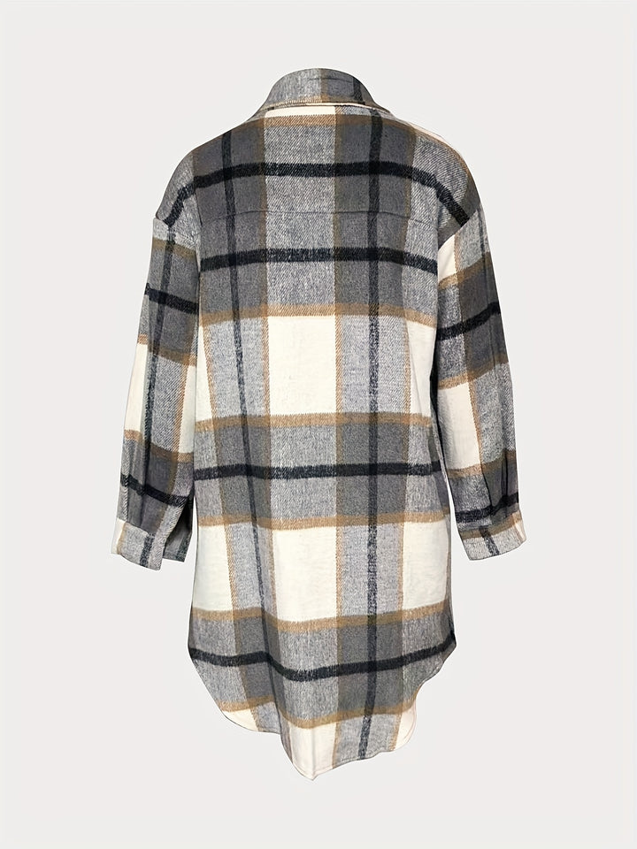 Plaid Print Shacket Jacket, Casual Button Front Turn Down Collar Long Sleeve Mid Length Outerwear, Women's Clothing