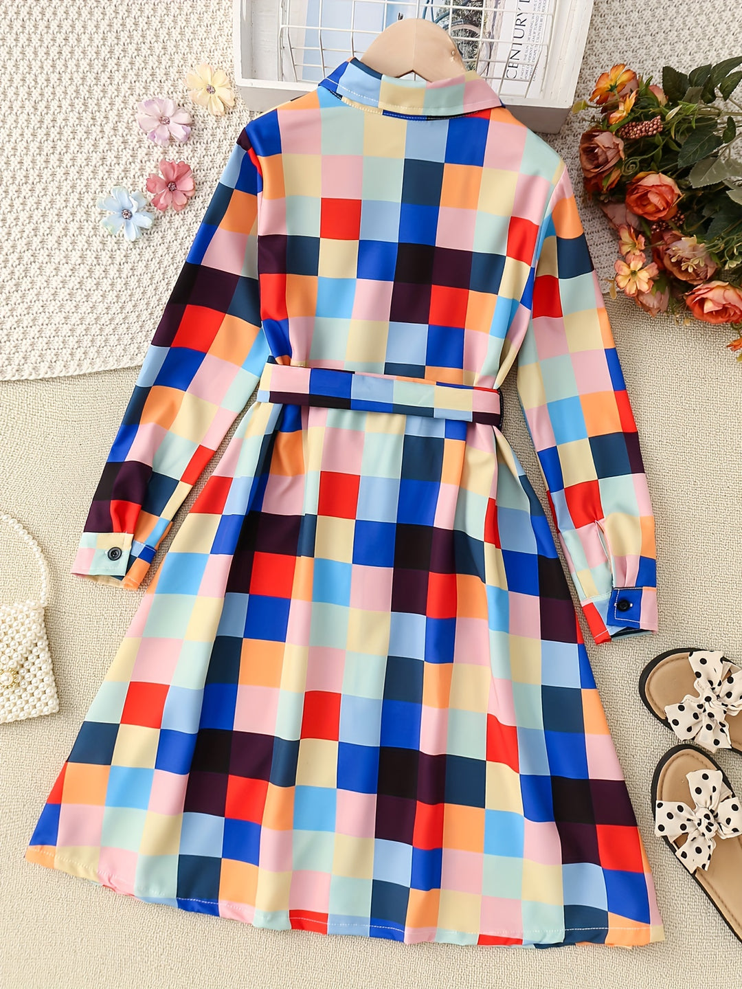 Trendy Girls' Stripe Long Sleeve Collared Shirt Dress With Belt, Casual Dresses For Teen Girls